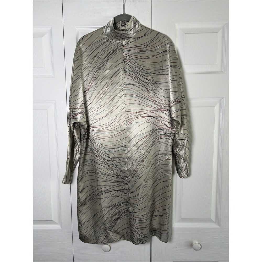 Harve Benard Vintage Mock Neck Shift Dress Womens 4 Silver Abstract Satin